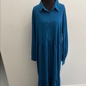 Boohoo Blue Pleated Long Sleeve Dress